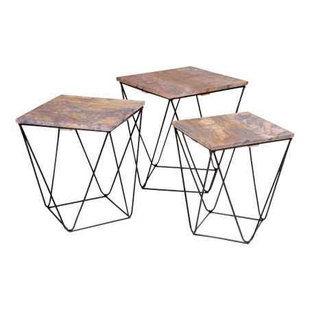 Lot de 3 Tables Basses Acier et Effet Marbre Gris - ERLIO