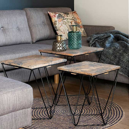 Lot de 3 Tables Basses Acier et Effet Marbre Gris - ERLIO