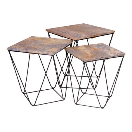 Lot de 3 Tables Basses Acier et Effet Marbre Gris - ERLIO