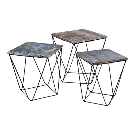 Lot de 3 Tables Basses Acier et Effet Marbre Bleu - ERLIO