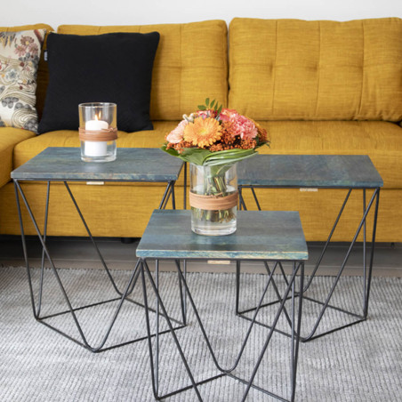 Lot de 3 Tables Basses Acier et Effet Marbre Bleu - ERLIO