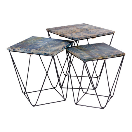 Lot de 3 Tables Basses Acier et Effet Marbre Bleu - ERLIO