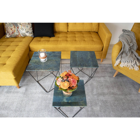 Lot de 3 Tables Basses Acier et Effet Marbre Bleu - ERLIO