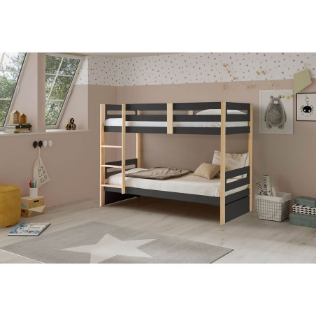 Lits superposés 90x190 cm gris anthracite et naturel - PERIO