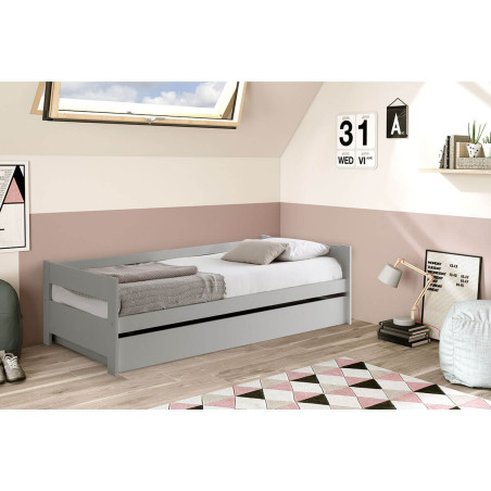 Lit 90x190 cm avec tiroir, gris clair laqué et naturel - LAMIO