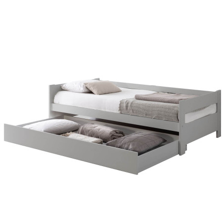 Lit 90x190 cm avec tiroir, gris clair laqué et naturel - LAMIO