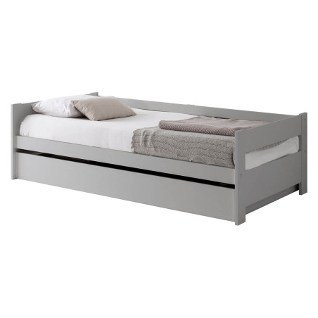 Lit 90x190 cm avec tiroir, gris clair laqué et naturel - LAMIO