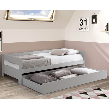 Lit 90x190 cm avec tiroir, gris clair laqué et naturel - LAMIO