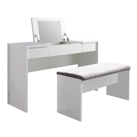 Coiffeuse blanche 2 tiroirs miroir relevable avec banquette - LINDSEYOR
