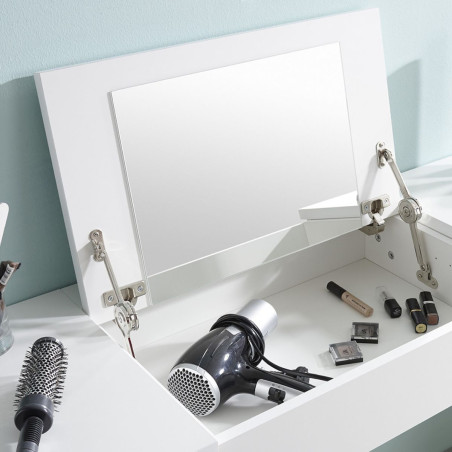 Coiffeuse blanche 2 tiroirs miroir relevable avec banquette - LINDSEYOR