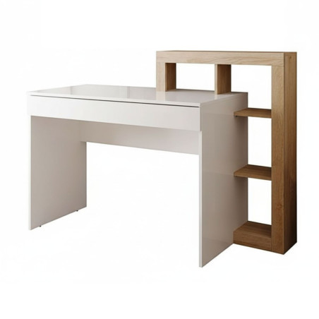 Coiffeuse 1 tiroir avec étagères décalées blanc laqué aspect bois finition Cadiz - ARTIRA