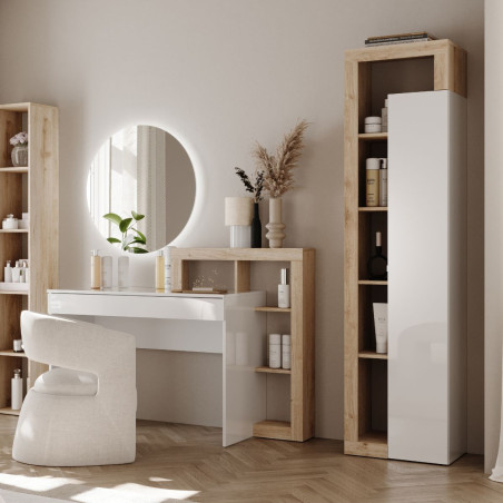 Coiffeuse 1 tiroir avec étagères décalées blanc laqué aspect bois finition Cadiz - ARTIRA