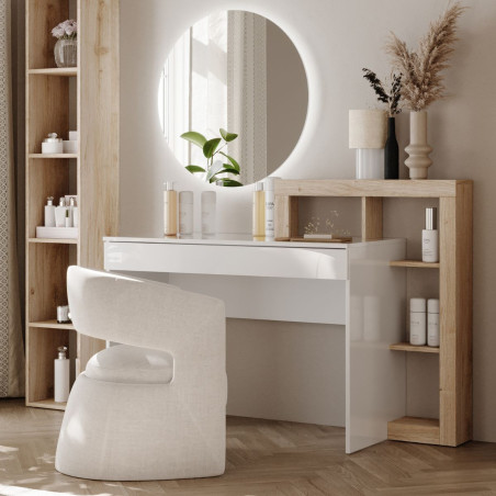 Coiffeuse 1 tiroir avec étagères décalées blanc laqué aspect bois finition Cadiz - ARTIRA