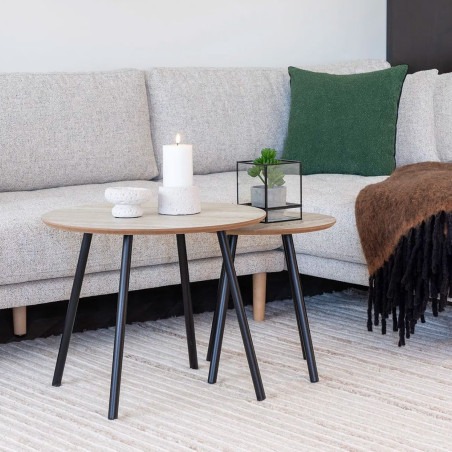 Table basse Ø55cm aspect travertin pieds métal noir - MARIRA