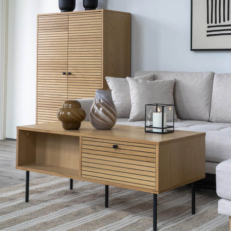 Table basse effet tasseaux chêne clair avec 2 tiroirs - LOWIA