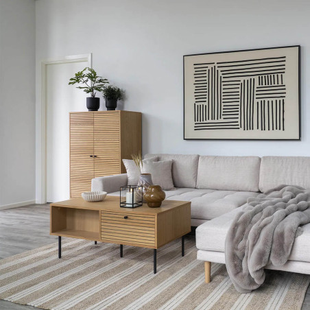 Table basse effet tasseaux chêne clair avec 2 tiroirs - LOWIA