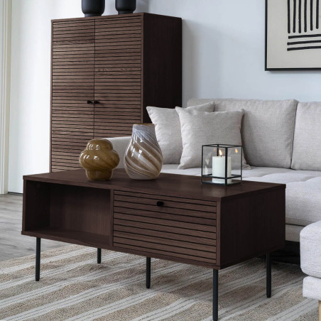 Table basse 2 tiroirs effet tasseaux teinté chêne foncé - LOWIA