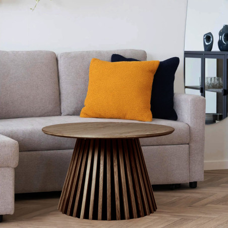 Table basse ronde pied central relief MDF placage chêne fumé - DUBLIA