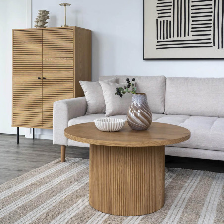 Table basse ronde 80 cm pieds relief MDF effet bois naturel - ANKA