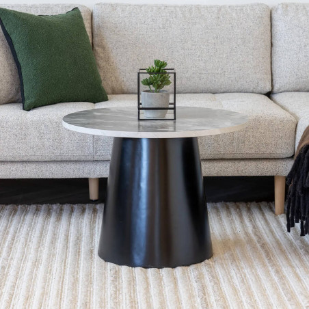 Table Basse Plateau MDF Aspect Marbre Pied Central Métal - KOELIRA