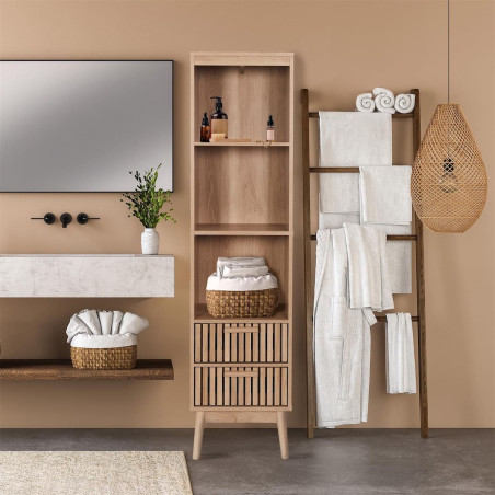 Rangement colonne 2 étagères 2 tiroirs effet bois avec tasseaux - PAJEN