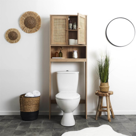 Meuble pour Toilettes 2 Portes Effet Bois et Rotin - MAYRO