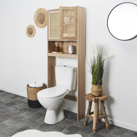 Meuble pour Toilettes 2 Portes Effet Bois et Rotin - MAYRO