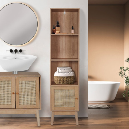 Rangement colonne 2 étagères 1 porte effet bois façades rotin - MAYRO