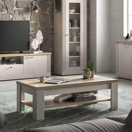 Table basse aspect chêne blanchi et double plateau chêne clair - NASHIA