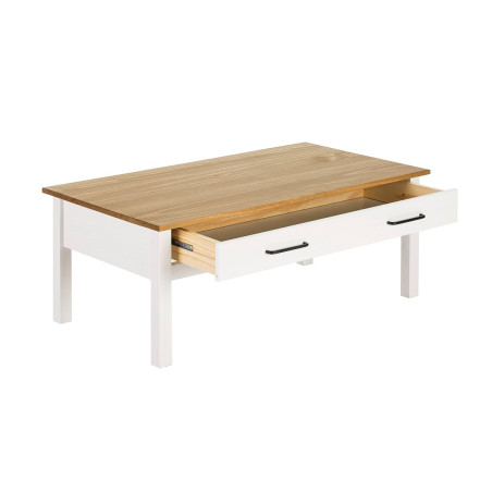 Table basse rectangulaire 1 tiroir bois ciré et blanc - TINIO