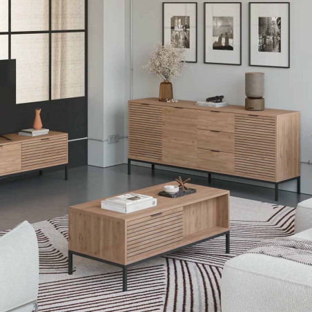 Table basse tiroirs à ouverture bi-latérale aspect bois tasseaux pieds métal - APPRA