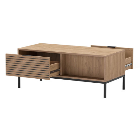 Table basse tiroirs à ouverture bi-latérale aspect bois tasseaux pieds métal - APPRA