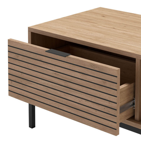 Table basse tiroirs à ouverture bi-latérale aspect bois tasseaux pieds métal - APPRA