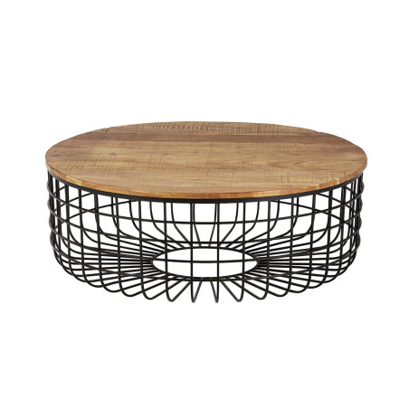 Table basse ronde Ø102 cm industrielle bois acacia métal noir - GLAREN