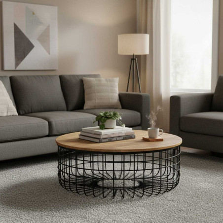 Table basse ronde Ø102 cm industrielle bois acacia métal noir - GLAREN