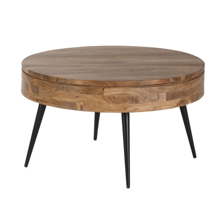 Table basse ronde Ø90 cm acacia massif pieds métal noir - BONEN