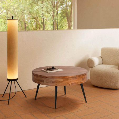 Table basse ronde Ø90 cm acacia massif pieds métal noir - BONEN