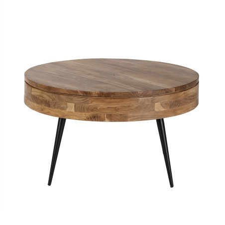 Table basse ronde Ø90 cm acacia massif pieds métal noir - BONEN