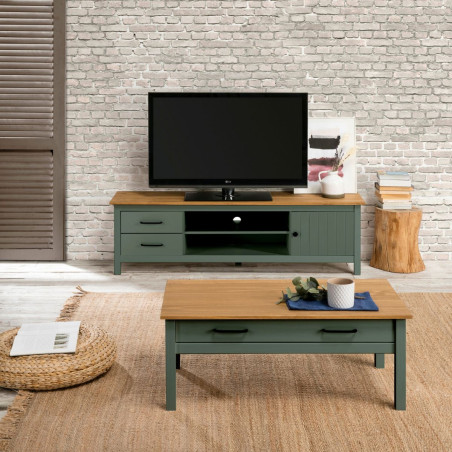 Table Basse Rectangulaire 1 Tiroir Bois Ciré Vert - TINIO