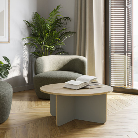 Table basse ronde Ø80 cm mélaminé bois et vert sauge - HESTIOR