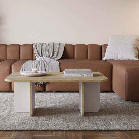 Table basse rectangulaire en mélaminé, plateau imitation bois et piètement beige - HESTIOR