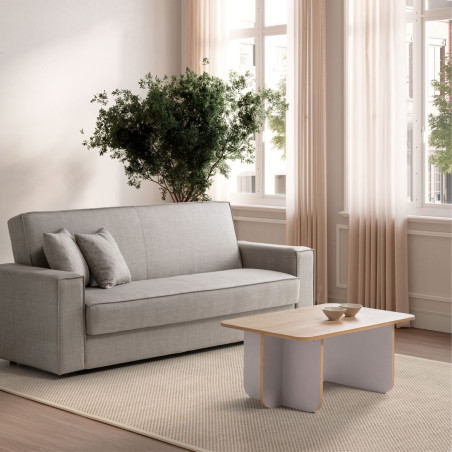 Table basse rectangulaire en mélaminé, plateau imitation bois et piètement beige - HESTIOR