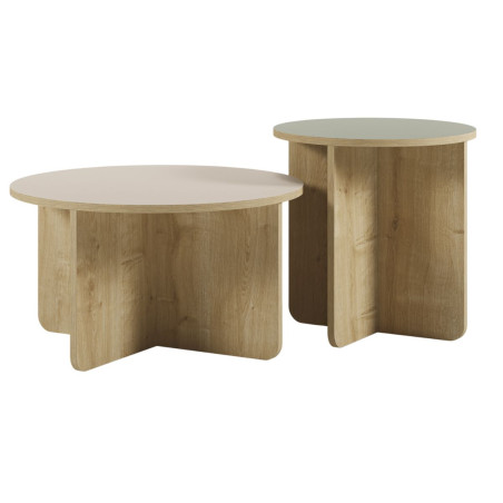 Ensemble tables basses Ø70 et Ø50, plateau beige et vert sauge, pieds imitation bois - HESTIOR