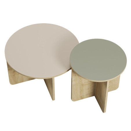 Ensemble tables basses Ø70 et Ø50, plateau beige et vert sauge, pieds imitation bois - HESTIOR