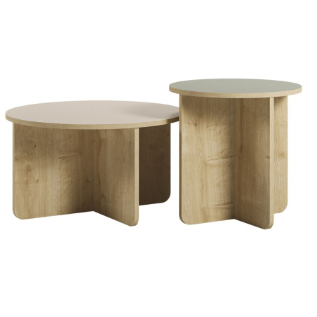 Ensemble tables basses Ø70 et Ø50, plateau beige et vert sauge, pieds imitation bois - HESTIOR
