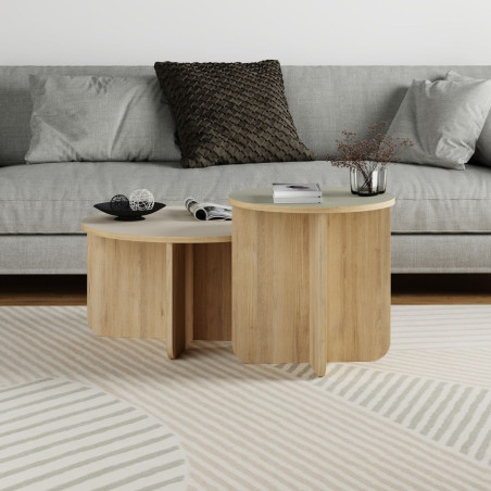 Ensemble tables basses Ø70 et Ø50, plateau beige et vert sauge, pieds imitation bois - HESTIOR