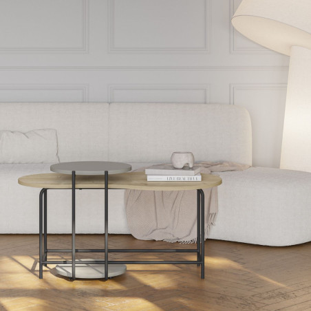 Tables basses gigogne ovale imitation bois et ronde vert sauge piètement métal - RHEIOR