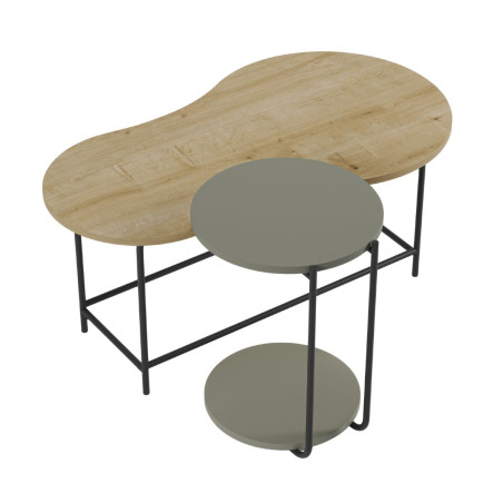 Tables basses gigogne ovale imitation bois et ronde vert sauge piètement métal - RHEIOR
