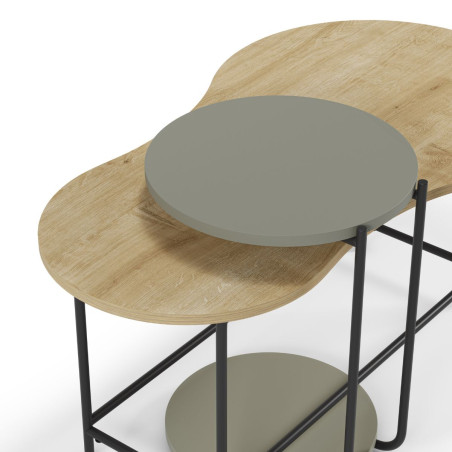 Tables basses gigogne ovale imitation bois et ronde vert sauge piètement métal - RHEIOR