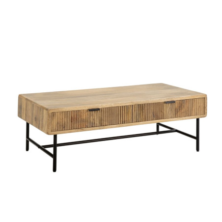 Table basse 2 tiroirs manguier massif, relief vertical, métal noir - MELKOR